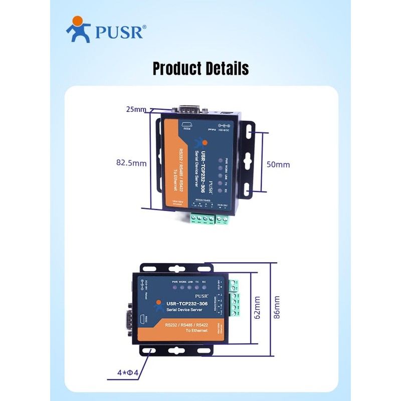 PUSR TCP232-306 RS232 RS485 RS422 to Ethernet TCP IP Modbus