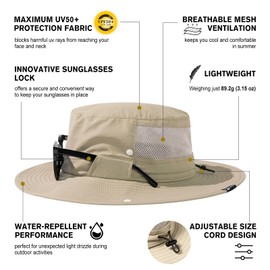TOP-EX XL/XXL UPF 50 Wide Brim Sun Hat with Sunglasses Lock - Waterproof, Lightweight & Breathable - Men & Women's Summer Bucket Hat for Fishing, Hiking Packable & Windproof Outdoor Cap Beige