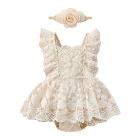 FYMNSI Newborn Baby Girl Lace Romper, Ruffle, Sleeveless Bodysuit, One-Piece Princess Bodysuit with Headband Set, apricot