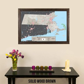 Push Pin Travel Maps - Massachusetts Earth Toned - Solid Wood Brown Framed Pin Map for Tracking Your Travels - 27.5" x 39.5" - 8 Handcrafted Frame Options - Made in USA - Ideal for Any Traveler