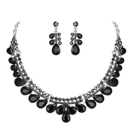 Clearine Gorgeous Jewellery Set for Women, Stunning Shiny Crystal Teardrop Cluster Statement Necklace Dangle Drop Earrings Set for Wedding Party Prom Black Silver-Tone