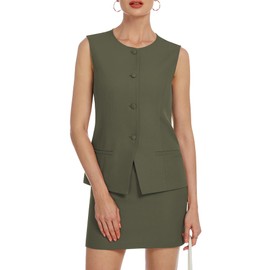 Casly Lamiit Womens Suits 2 Piece Set Summer Business Blazers Vest Skirts Set Button Down Sleeveless Waistcoat Dressy Casual Outfits Army Green S