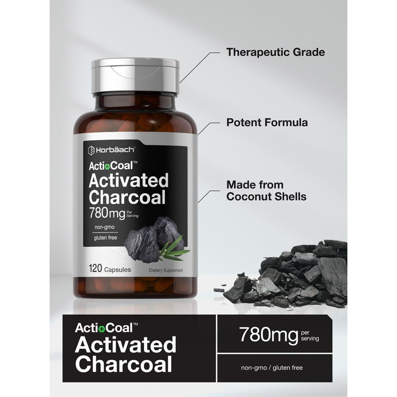 Horbäach Activated Charcoal Capsules 780mg | 120 Count from Coconut