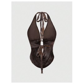 Verdusa Women's Boho Western Backless Halter Top Going Out Corset Tops Grunge Clothes Brown Medium