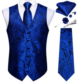 DiBanGu Mens Vest and Tie Set Formal Paisley Waistcoat and Necktie Pocket Square Cufflinks Silk Suit Vest for Tuxedo Wedding, Black and Royal Blue, XX-Large