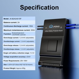 JKBMS Smart BMS 8S-24S 24V-72V 150A 2A Active Balance BMS Built-in Bluetooth with RS485 PCB Battery Protection Board for LiFePO4 Li-ion LTO Battery Pack (JK-B2A24S15P)