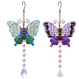 2pcs Butterfly Sun Catcher Crystal Pendant,Stained Glass Window Hanging Ornament,Pendant Butterfly Chandelier Prismem for Home Office Garden Decoration,Crystal Prism Ornament（Green + Purple）