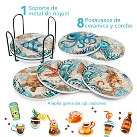 Juego de 8 Posavasos Absorbentes, Portavasos para Mesa, Posavasos para Bebidas, Posavasos de Marmol Antideslizantes de Cerámica para Bebidas, con Soporte, Apto para Cafe, Bebidas, Bar, Juego de Regalo