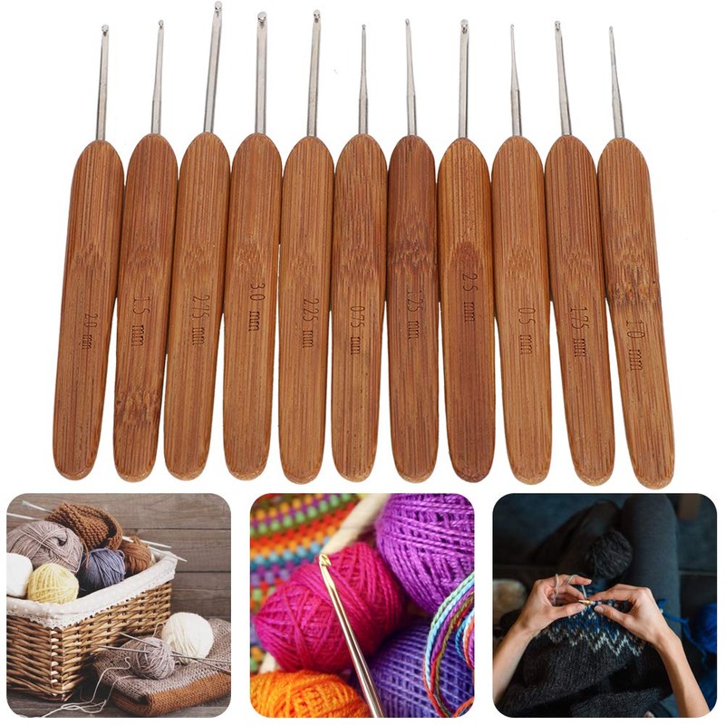 Crochet Hooks Set, Knitting Needles Bamboo Handle PortableBraiding Weaving Tool,