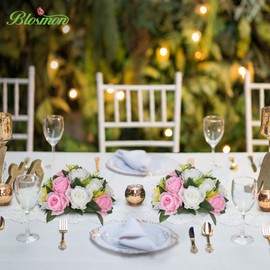 BLOSMON Flower Balls Rose Centerpieces: 10 Pcs Pink White Fake Flowers Kissing Balls Decor Artificial Wedding Floral Arrangements Silk Flower Bouquet with Base Home Party Room Table DIY Decorations