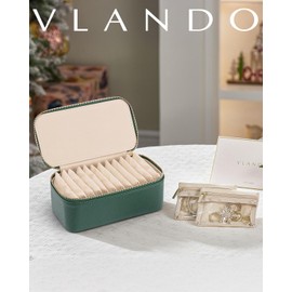 Vlando Travel Jewellery Organiser, PU Leather Jewellery Box with 12 Velvet Jewellery Pouch, Jewellery Case for Necklace,Ring, Gifts for Women, Green-L