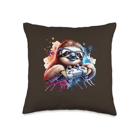 Sloth Gamer With Sunglasses Console Gaming Design Throw Pillow