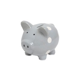 Kate & Milo Mini Ceramic Piggy Bank, Gender Neutral Nursery Décor, Baby Girl and Baby Girl Keepsake Gift, Gray with White Polka Dots
