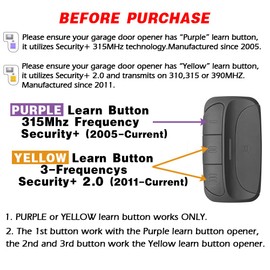 Garage Remote Control Replacement Garage Door Opener Chamberlain LiftMaster Craftsman etc Opener has Yellow or Purple Learn Button on motor,Frequency 310/315/390MHz