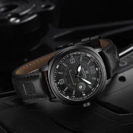 Reloj De Cuarzo Para Hombre Naviforce Deporte Cuero Casual,Impermeable a 30 metros,Fecha,Bisel Negro,Correa negra,Fondo negro,NF8078