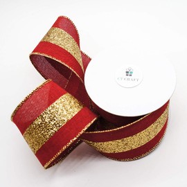 CT CRAFT LLC - Cinta de arpillera de yute sintético roja con rayas doradas con purpurina, cinta de alambre de 2.5 x 10 yardas para decoración del hogar, decoración del árbol, lazo para envolver