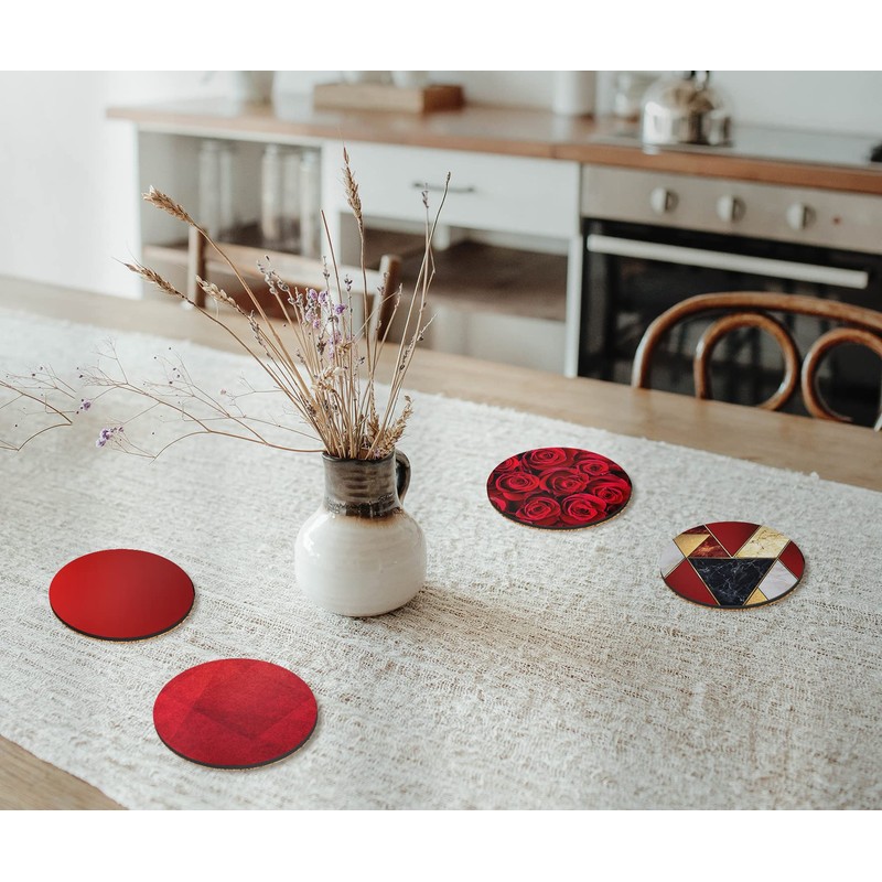 4 x Round Art Deco Coasters - Red Roses Agate