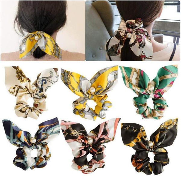 ericotry 6 Pieces Chiffon Beaded Hair Ties Elastic Hair Bands Scarf Floral Hair Ties Bow Ponytail Bow Accessories for Women and Girls