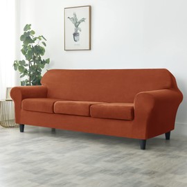 CONRUSER Stretch Sofa Slipcover, Soft Velvet Sofa Covers for 3 Cushion Couch Thick Furniture Protector for Pets & Kids (Red-brown, L)