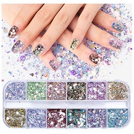 12 Color Holographic Nail Art Sequins with Glitter, Beauties Factory Mermaid Flakes Confetti Mix Metallic