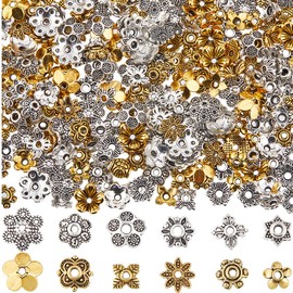 SUNNYCLUE 1 Box 360Pcs 12 Styles Spacer Beads Bulk Flower Bead Caps Findings Tibetan Silver Alloy Antique Gold Metal Filigree Flowers End Caps for jewellery Making Supplies DIY Bracelet Necklace