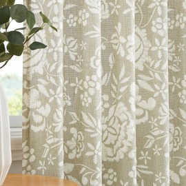 Vision Home Flax Linen Vintage Floral Semi Sheer Curtains Rod Pocket Back Tab Print Jacobean Textured Light Filtering Window Curtains Farmhouse Drape 84 inch for Living Room Bedroom 2 Panels 52"Wx84"L