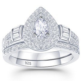 Newshe Jewellery Womens Wedding Rings AAAAA Cz 925 Sterling Silver Engagement Rings for Women Pear Bridal Set Size 6