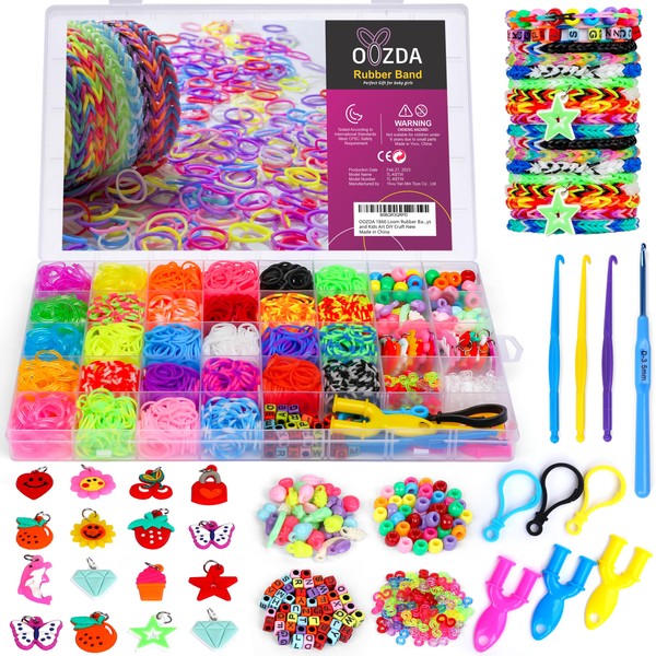 OOZDA 1800+ Rubber Band Bracelet Kit with a Metal Crochet Hook, 28 Colors Loom Bracelet Making Kit for Kids, Loom Bands Kit with Accessories for Girls & Boys