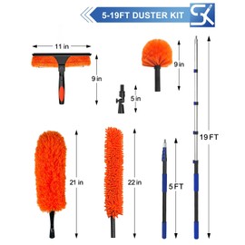 SKGPOLE 26 Foot High Reach Duster Kit with 5-19 ft Telescoping Extension Pole, High Ceiling Duster, Cobweb Duster, Window Squeegee, Feather Duster, Outdoor & Indoor Extendable Duster Cleaning Kit