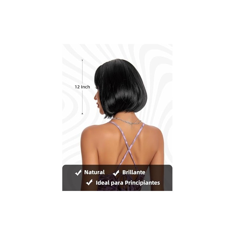 Pelucas Corta de Bob para Mujer con Flequillo (12’’/30cm, Negro)
