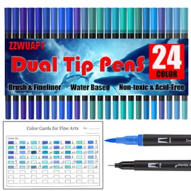 ZZWUAPT Blue Double Tip Brush Pens Art Markers,24 Colored Artist Fine Brush Pen Coloring Markers for Adult Drawing Art Craft Kit