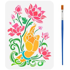 FINGERINSPIRE Buddha's Hand Painting Template with Brush 11.6x8.2inch Lotus Painting Template Plant Stencil Floral Painting Stencils Reusable DIY Art Craft Stencil for Wood Floor Wall Canvas