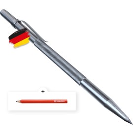 BAUHELD® Scribing Pin Metal [150 mm] - Scriber with Soldered Carbide Tip [Made in Germany] - Practical Attachment Clip and Nickel-Plated with Knurling - Includes Free Carpenter's Pencil