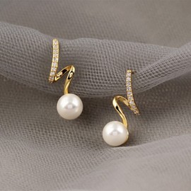 YAXUN 925 Sterling Silver Gold Plated Pearl Earrings For Women wtih Austrian Crystal Diamonds - Wave Spiral Pearl Drop Dangle Earrings Fashion Jewellery Gifts