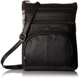Roma Leathers Genuine Cross Body Purse Bag, Multi-Pocket, Black, One Size
