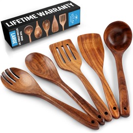 Zulay Kitchen 10-Piece Wooden Spoons for Cooking - Smooth Finish Teak Wooden Utensils for Cooking - Soft Comfort-Grip Wood Spoons for Cooking - Non-Stick Wooden Cooking Utensils - Wooden Spoon Sets