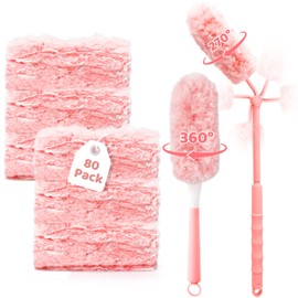 GQIRIL 360° Dusters Refills for Cleaning - 80 Count Disposable Feather Duster Kit with 2 Handles, Multi-Surface Microfiber Feather Dusting Cleaner for Furniture Blinds Windows Ceiling Fans (Pink)