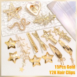 SAWINDA 15 Pinzas para El Cabello Doradas con Forma de Serpiente Y Estrella, Estilo Y2K, con Broche A Presión, para Mujer. Pinzas Antideslizantes con Forma de Gota de Agua, Ideales para Halloween. Pin