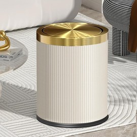 YOJIA 4 Gallon Bathroom Trash Can with Swing Lid, Large Gold White Garbage Can, Fancy, Big Leather Waste Basket, for Girls Bedroom Kitchen Powder Room (15L White)