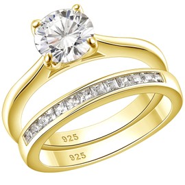 SHELOVES Yellow Gold Plated Sterling Silver Engagement Ring Sets Solitaire AAAAA Round CZ Wedding Band Size 7