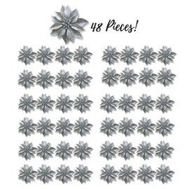 BANBERRY DESIGNS Artificial Poinsettia Flowers - Set of 48 – 3 ¾” Silver Glittered Poinsettia Clip On Ornaments - Christmas Decorations - Decorative Floral Accessories