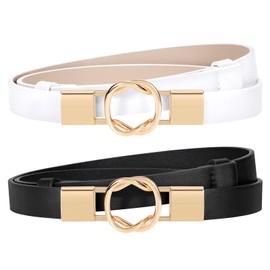 JASGOOD 2 Pack Women's Skinny Leather Belts Ladies Adjustable Thin Waist Belts for Dresses with Gold Buckle