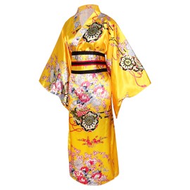 CRFASIBE 5PCS Women Japanese Kimono, Traditional Japanese Costume, Floral Printed Kimono Robe, Yukata Geisha Dress, Oriental Cosplay Costume Set with Accessories (Yellow)