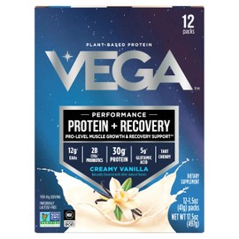 Vega Protein + Recovery - 30g Plant-Based Protein per Serving, Vanilla, 12 x 1.6oz Sachets, 5g BCAAs, Probiotics, NSF Certified, For Shakes & Smoothies, (Packaging May Vary)