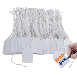 Price Tags with Strings Attached, 1000pcs Marking White Merchandise Hang Tags Labels for Goods Gifts Jewelry Clothing Garage Yard Rummage Sale Supplies 1 3/8" x 2 1/8"