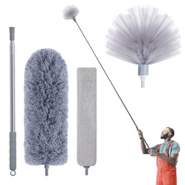 IVYROLL Duster with Extension Pole, Skinny Duster & Spider Web Brush & Ceiling Duster for Cleaning, 100" Microfiber Feather Duster Cleaner with Washable Head for Fan Furniture Wall