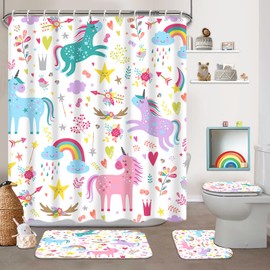 KINUUIS Unicorn Bathroom Set Colorful Pink 4 Pcs Shower Curtain Sets with Non-Slip Rugs Toilet Lid Cover and Bath Mat Set, Girls Ttoddler Bathroom Decor with 12 Hooks