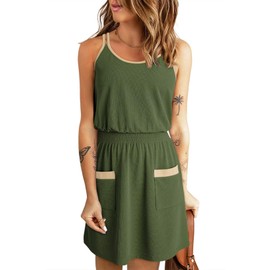 Dokotoo Womens 2025 Spring Summer Dresses Scoop Neck Sleeveless Pockets Smocked Empire Waist Sundress Mini Vacation Beach Dresses Green Medium