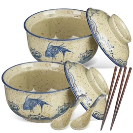 CALLARON 26 oz Ceramic Ramen Bowl, Japanese Noodle Bowls Set of 2, Large Soup Bowl with Lid, Spoons and Chopsticks, Vintage Ramen Dish for Pho, Udon, Noodles, 6 inch, Microwave Dishwasher Safe