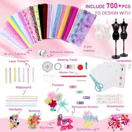 Kit de diseñador de moda Rulwuck de más de 700 piezas para niños, kit de fabricación de ropa de muñeca con 4 maniquíes para manualidades y juguetes de costura DIY, regalo para niñas de 6, 7, 8, 9, 10